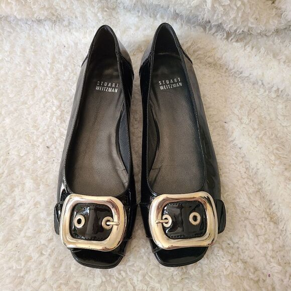 Stuart Weitzman Patent Peep-toe Buckle Flats - Picture 2 of 10